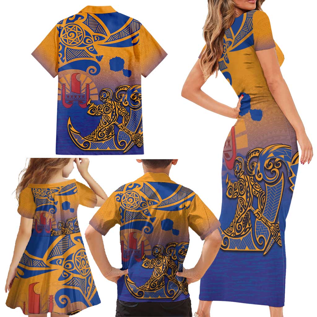 Hawaiki Nui Va'a Solo French Polynesia Family Matching Short Sleeve Bodycon Dress and Hawaiian Shirt Sunset Color LT03 - Polynesian Pride