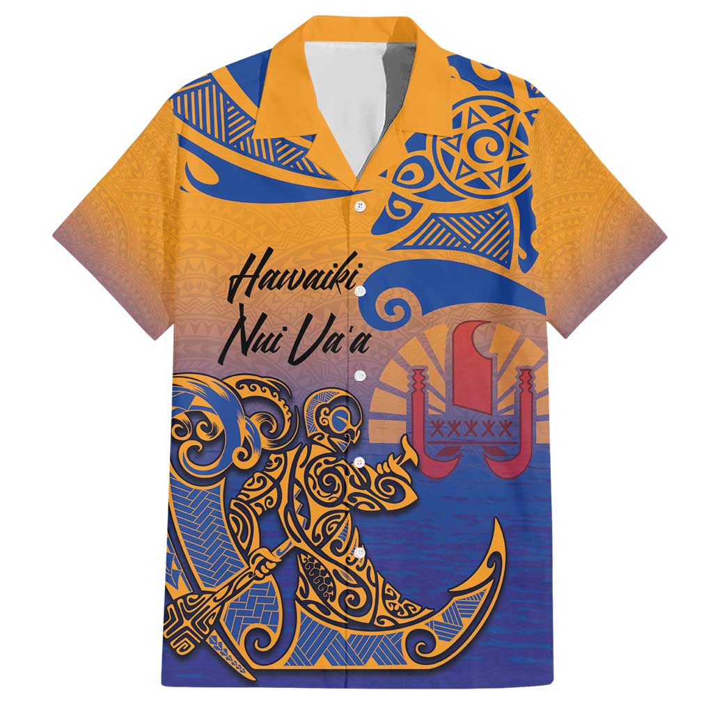 Hawaiki Nui Va'a Solo French Polynesia Family Matching Short Sleeve Bodycon Dress and Hawaiian Shirt Sunset Color LT03 Dad's Shirt - Short Sleeve Yellow - Polynesian Pride