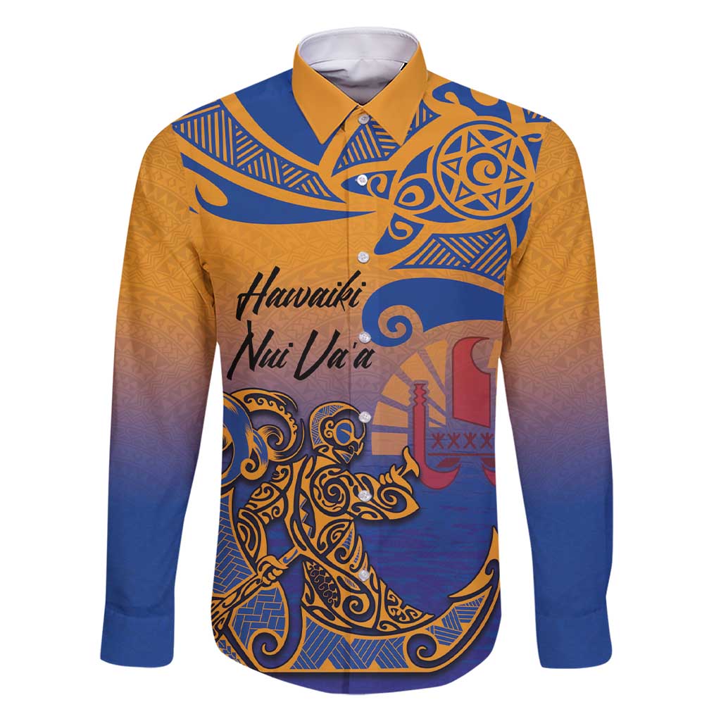 Hawaiki Nui Va'a Solo French Polynesia Family Matching Short Sleeve Bodycon Dress and Hawaiian Shirt Sunset Color LT03 Dad's Shirt - Long Sleeve Yellow - Polynesian Pride