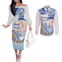 Hawaiki Nui Va'a Solo French Polynesia Couples Matching Off The Shoulder Long Sleeve Dress and Long Sleeve Button Shirt Blue Color