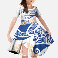 Hawaiki Nui Va'a Solo French Polynesia Family Matching Long Sleeve Bodycon Dress and Hawaiian Shirt Blue Color LT03 Daughter's Dress Blue - Polynesian Pride