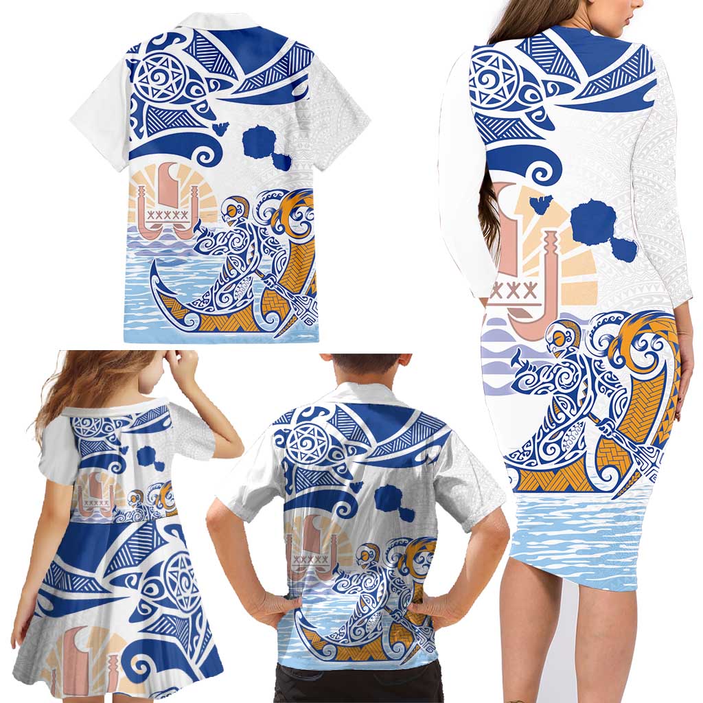 Hawaiki Nui Va'a Solo French Polynesia Family Matching Long Sleeve Bodycon Dress and Hawaiian Shirt Blue Color LT03 - Polynesian Pride