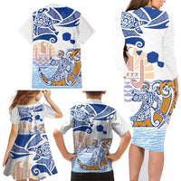 Hawaiki Nui Va'a Solo French Polynesia Family Matching Long Sleeve Bodycon Dress and Hawaiian Shirt Blue Color LT03 - Polynesian Pride