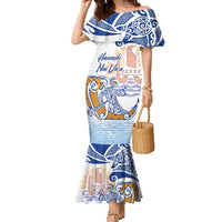 Hawaiki Nui Va'a Solo French Polynesia Family Matching Mermaid Dress and Hawaiian Shirt Blue Color LT03 Mom's Dress Blue - Polynesian Pride