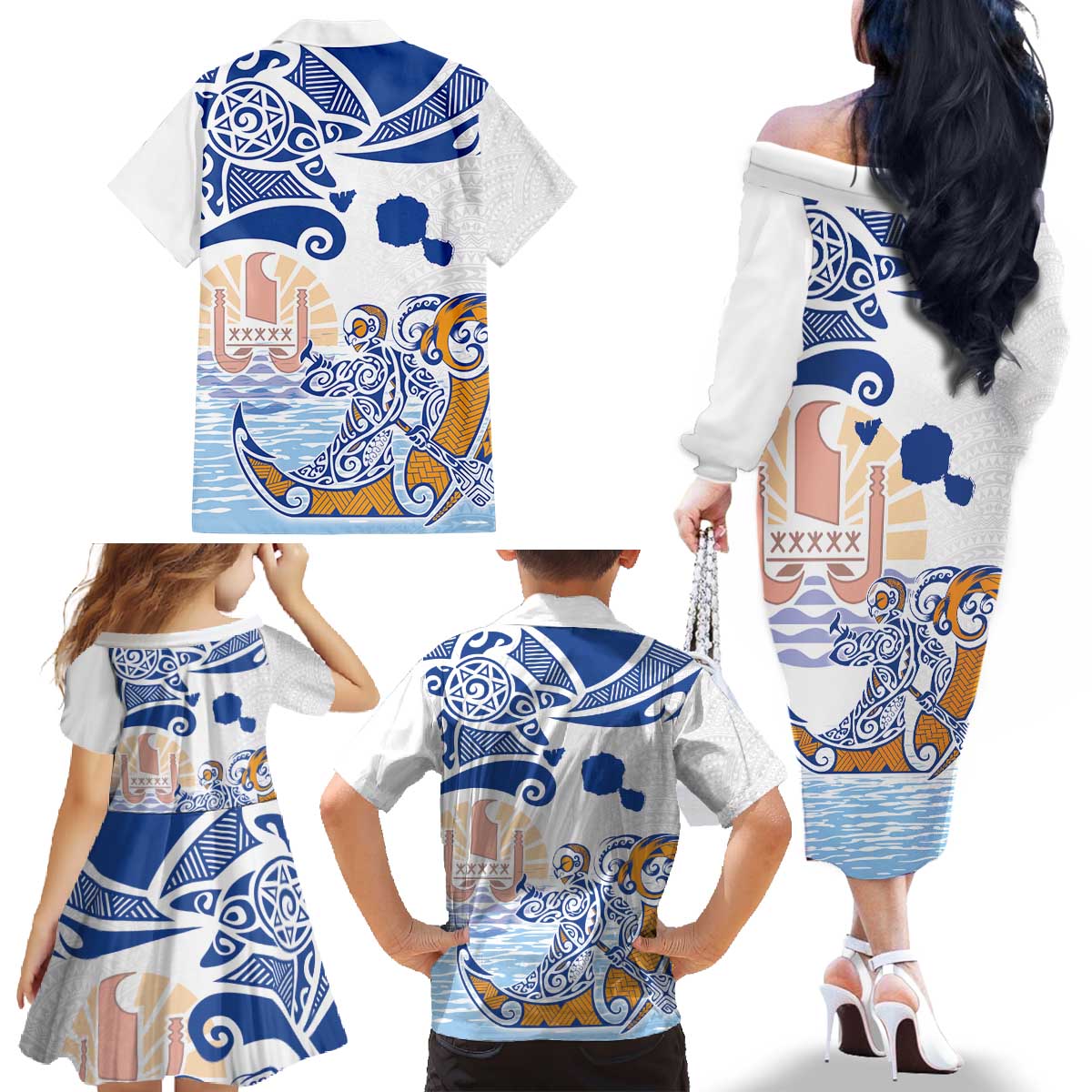 Hawaiki Nui Va'a Solo French Polynesia Family Matching Off The Shoulder Long Sleeve Dress and Hawaiian Shirt Blue Color