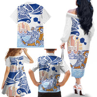 Hawaiki Nui Va'a Solo French Polynesia Family Matching Off The Shoulder Long Sleeve Dress and Hawaiian Shirt Blue Color