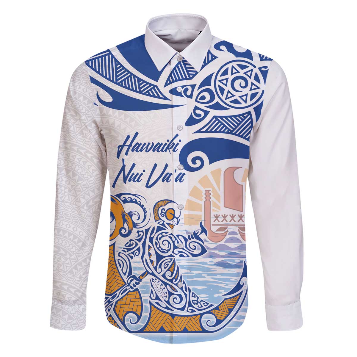 Hawaiki Nui Va'a Solo French Polynesia Family Matching Off The Shoulder Long Sleeve Dress and Hawaiian Shirt Blue Color