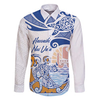 Hawaiki Nui Va'a Solo French Polynesia Family Matching Off The Shoulder Long Sleeve Dress and Hawaiian Shirt Blue Color