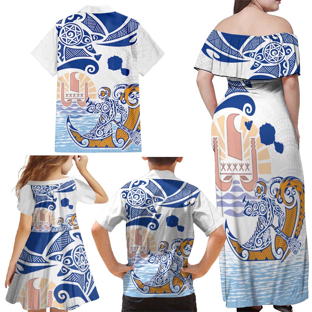 Hawaiki Nui Va'a Solo French Polynesia Family Matching Off Shoulder Maxi Dress and Hawaiian Shirt Blue Color