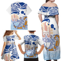 Hawaiki Nui Va'a Solo French Polynesia Family Matching Off Shoulder Maxi Dress and Hawaiian Shirt Blue Color