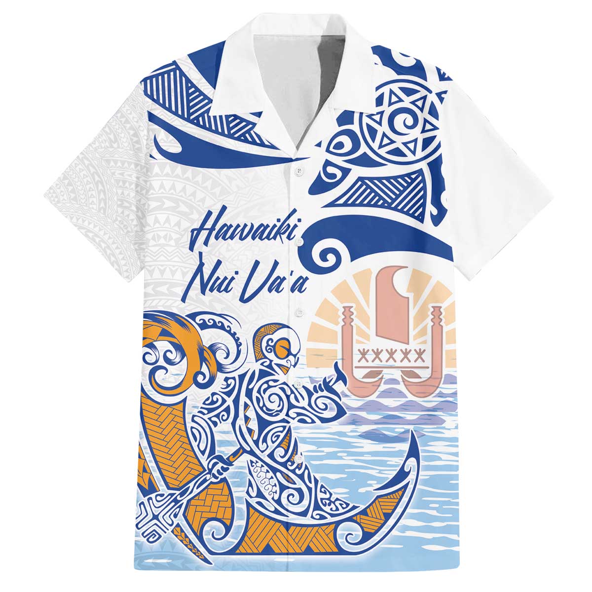 Hawaiki Nui Va'a Solo French Polynesia Family Matching Puletasi and Hawaiian Shirt Blue Color LT03 Dad's Shirt - Short Sleeve Blue - Polynesian Pride