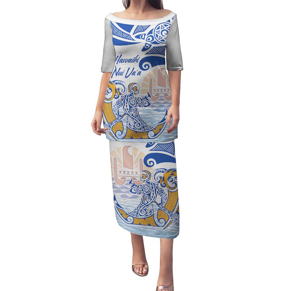 Hawaiki Nui Va'a Solo French Polynesia Family Matching Puletasi and Hawaiian Shirt Blue Color LT03 Mom's Dress Blue - Polynesian Pride