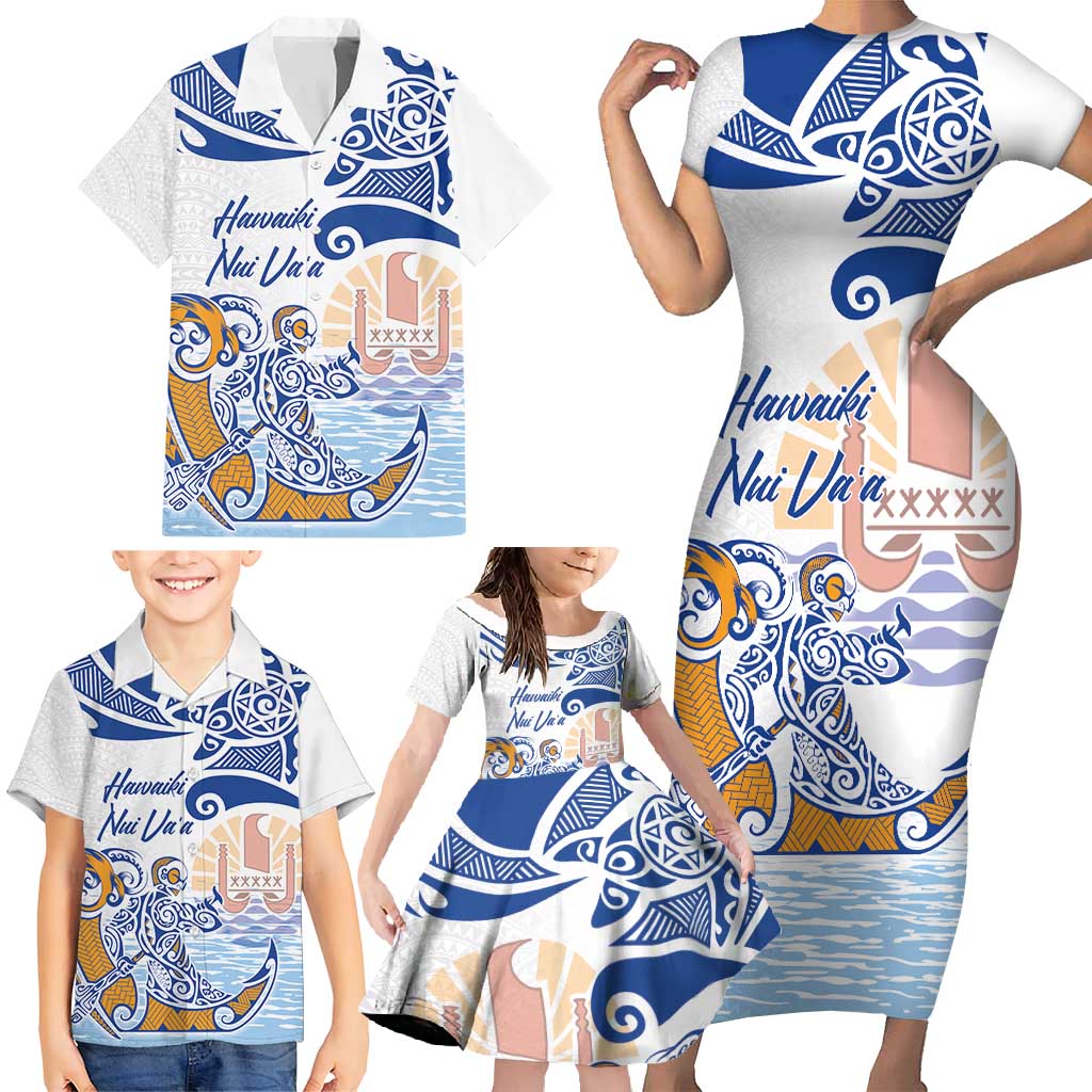 Hawaiki Nui Va'a Solo French Polynesia Family Matching Short Sleeve Bodycon Dress and Hawaiian Shirt Blue Color LT03 - Polynesian Pride