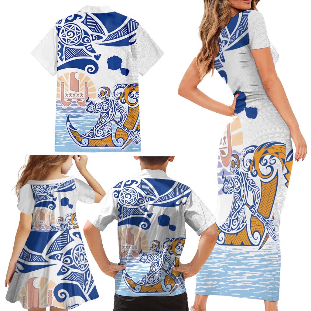 Hawaiki Nui Va'a Solo French Polynesia Family Matching Short Sleeve Bodycon Dress and Hawaiian Shirt Blue Color LT03 - Polynesian Pride