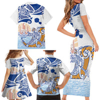 Hawaiki Nui Va'a Solo French Polynesia Family Matching Short Sleeve Bodycon Dress and Hawaiian Shirt Blue Color LT03 - Polynesian Pride