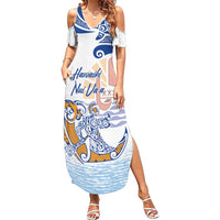 Hawaiki Nui Va'a Solo French Polynesia Family Matching Summer Maxi Dress and Hawaiian Shirt Blue Color LT03 Mom's Dress Blue - Polynesian Pride