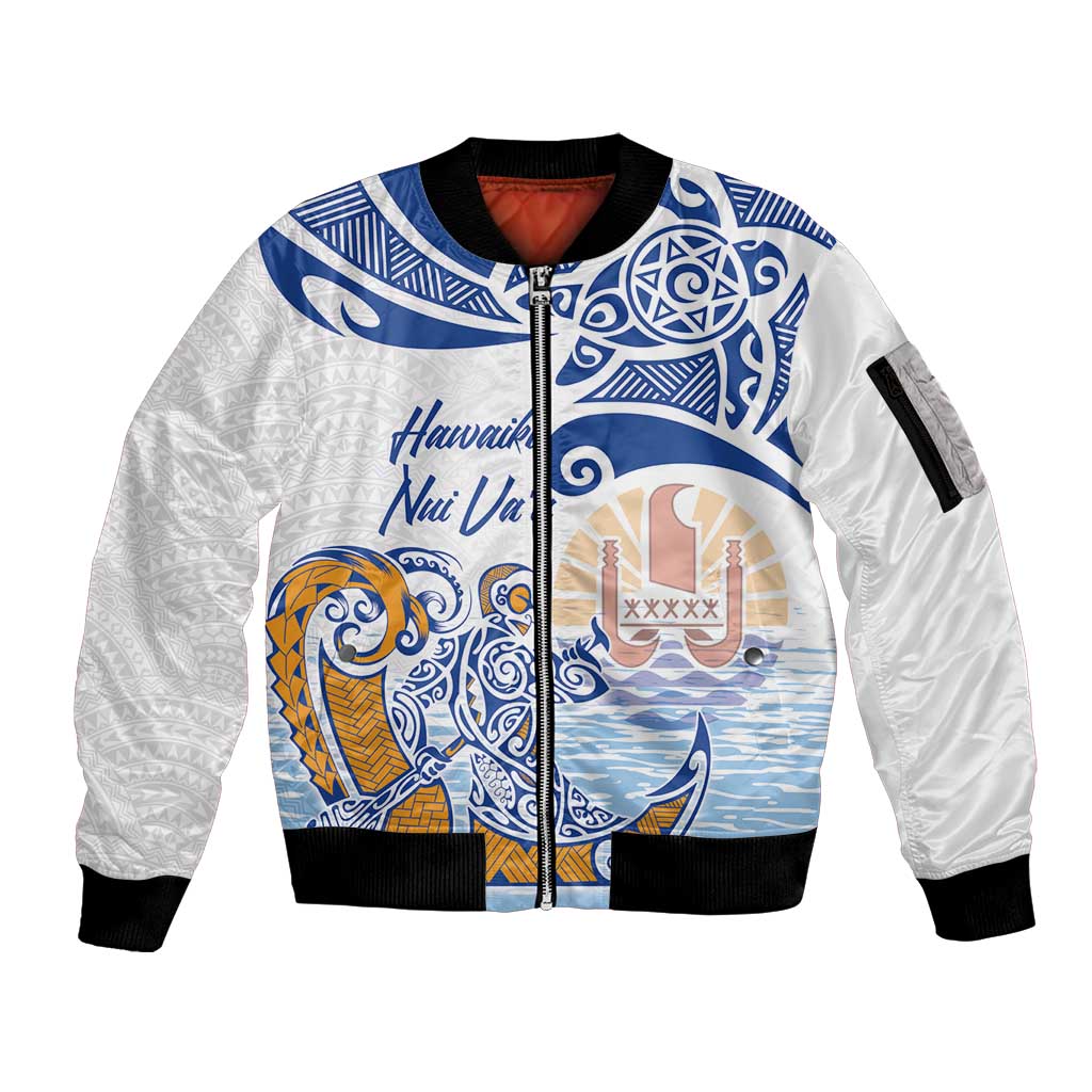 Hawaiki Nui Va'a Solo French Polynesia Sleeve Zip Bomber Jacket Blue Color LT03 Unisex Blue - Polynesian Pride