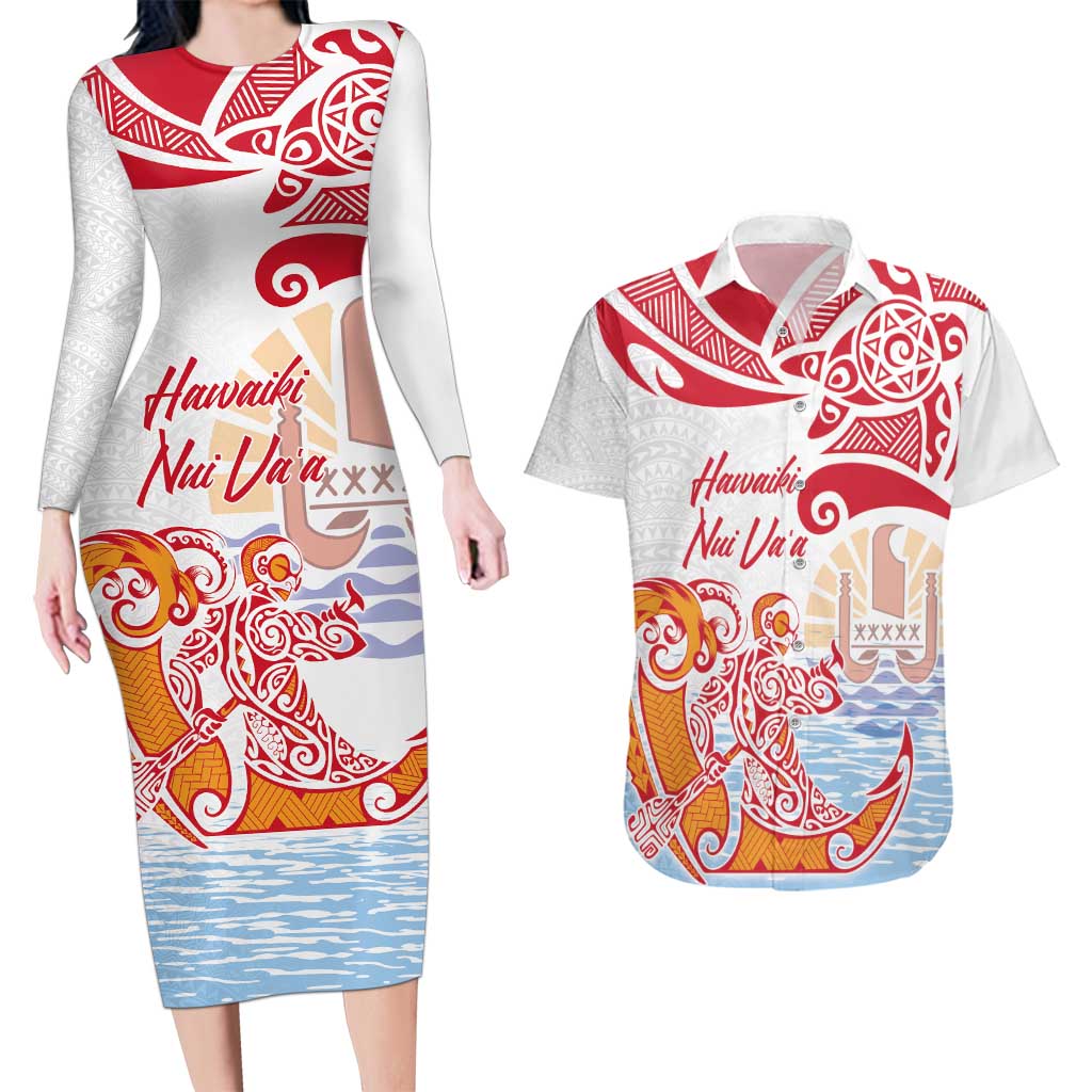 Hawaiki Nui Va'a Solo French Polynesia Couples Matching Long Sleeve Bodycon Dress and Hawaiian Shirt Red Color
