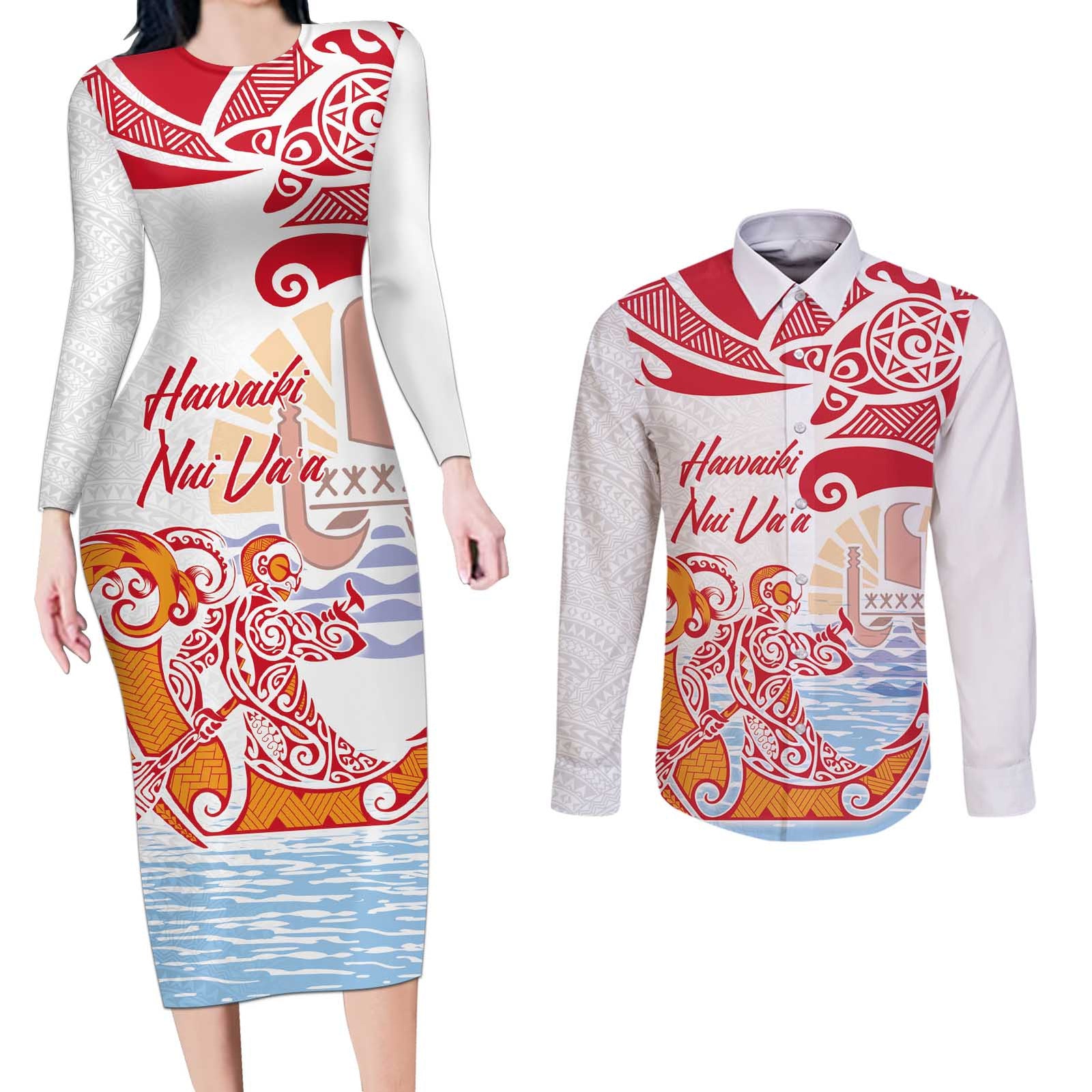 Hawaiki Nui Va'a Solo French Polynesia Couples Matching Long Sleeve Bodycon Dress and Long Sleeve Button Shirt Red Color