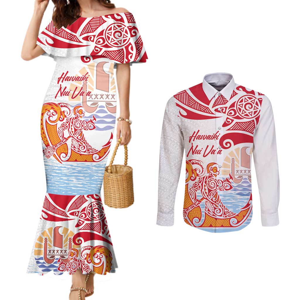 Hawaiki Nui Va'a Solo French Polynesia Couples Matching Mermaid Dress and Long Sleeve Button Shirt Red Color