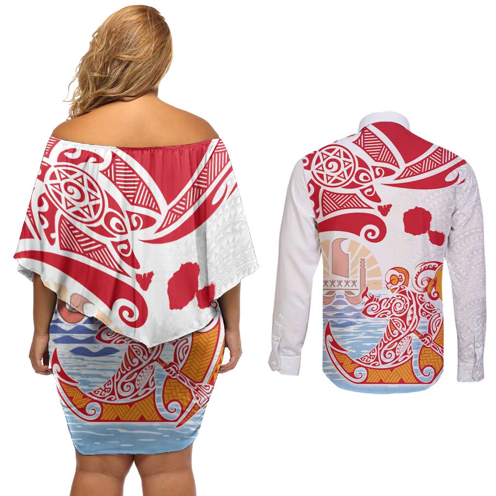 Hawaiki Nui Va'a Solo French Polynesia Couples Matching Off Shoulder Short Dress and Long Sleeve Button Shirt Red Color
