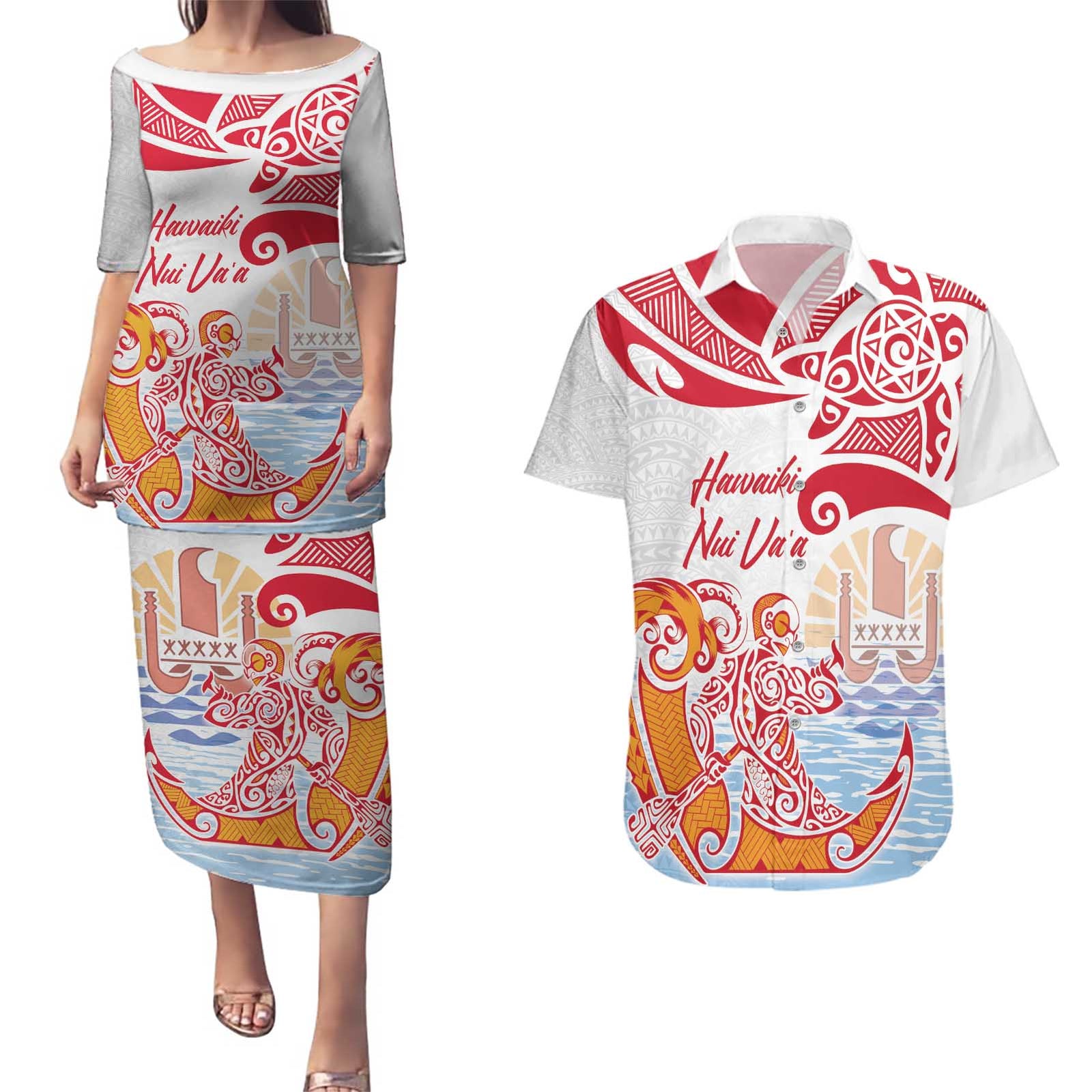 Hawaiki Nui Va'a Solo French Polynesia Couples Matching Puletasi and Hawaiian Shirt Red Color