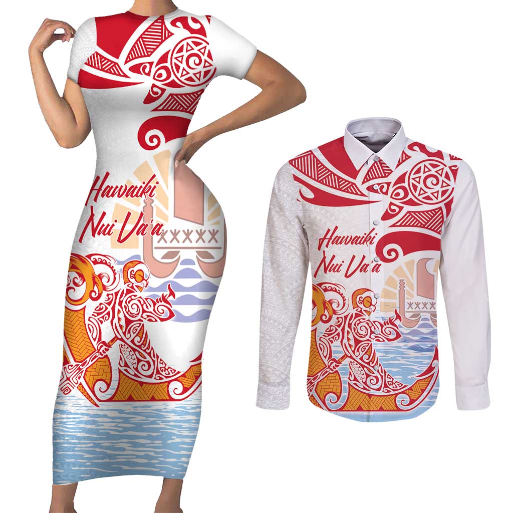Hawaiki Nui Va'a Solo French Polynesia Couples Matching Short Sleeve Bodycon Dress and Long Sleeve Button Shirt Red Color