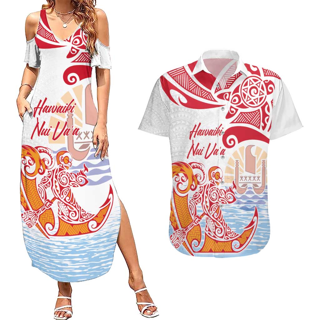 Hawaiki Nui Va'a Solo French Polynesia Couples Matching Summer Maxi Dress and Hawaiian Shirt Red Color