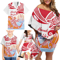 Hawaiki Nui Va'a Solo French Polynesia Family Matching Off Shoulder Short Dress and Hawaiian Shirt Red Color