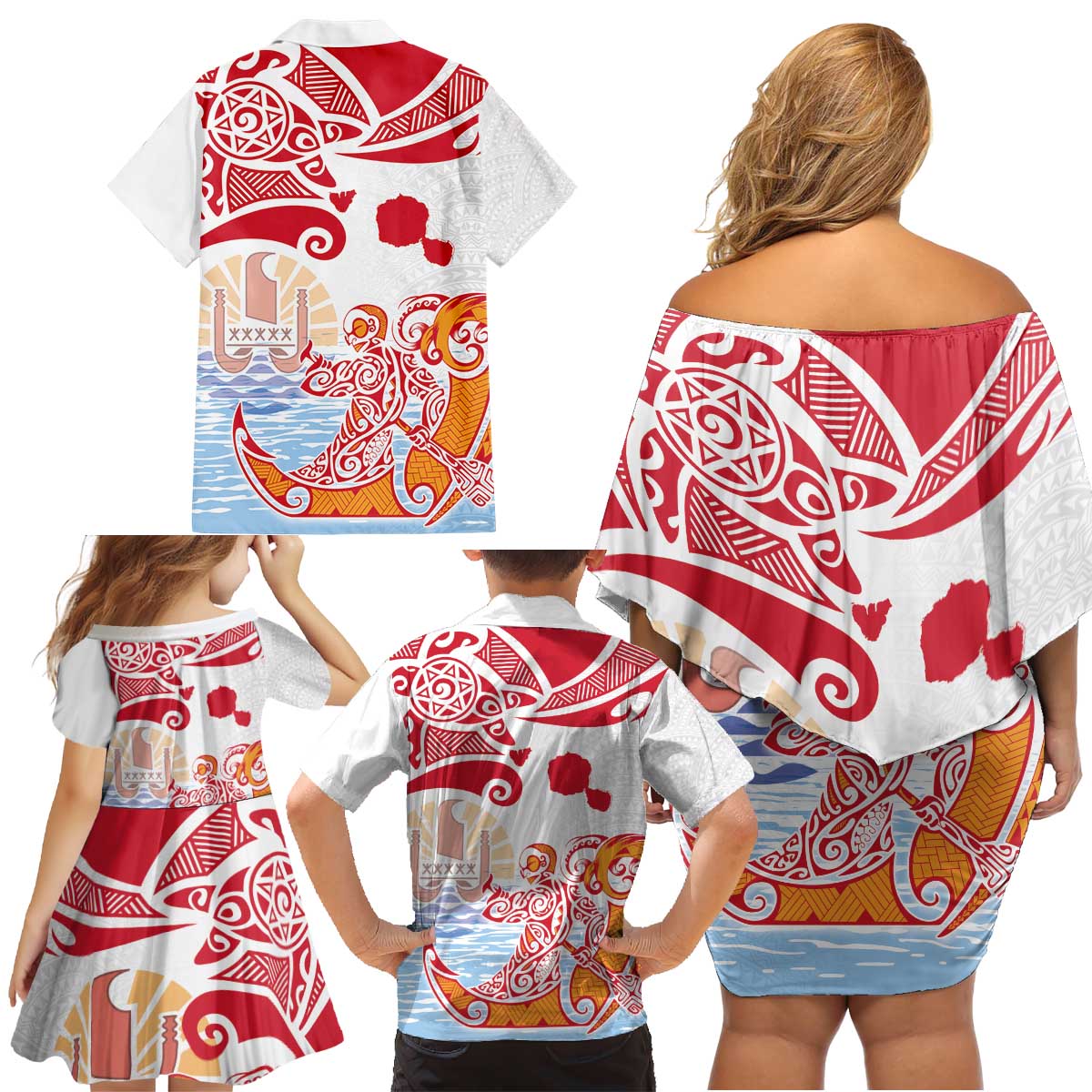 Hawaiki Nui Va'a Solo French Polynesia Family Matching Off Shoulder Short Dress and Hawaiian Shirt Red Color