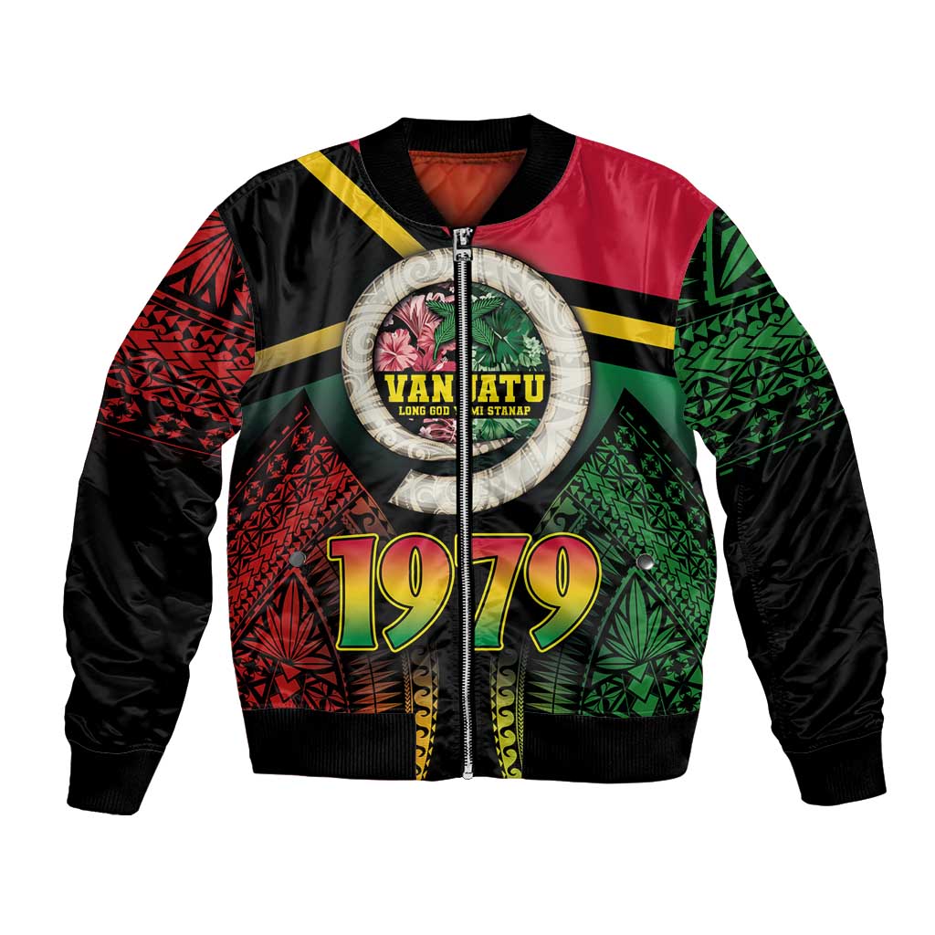Vanuatu Constitution Day Bomber Jacket Polynesian Tattoo and Pig Tusk Since 1979 LT03 Unisex Black - Polynesian Pride
