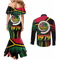 Vanuatu Constitution Day Couples Matching Mermaid Dress and Long Sleeve Button Shirt Polynesian Tattoo and Pig Tusk Since 1979