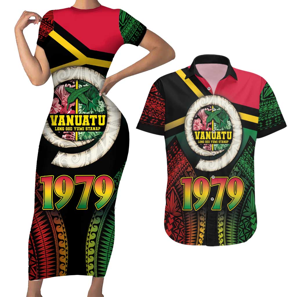 Vanuatu Constitution Day Couples Matching Short Sleeve Bodycon Dress and Hawaiian Shirt Polynesian Tattoo and Pig Tusk Since 1979