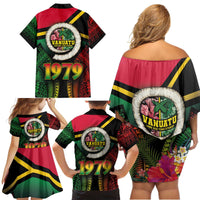 Vanuatu Constitution Day Family Matching Off Shoulder Short Dress and Hawaiian Shirt Polynesian Tattoo and Pig Tusk Since 1979