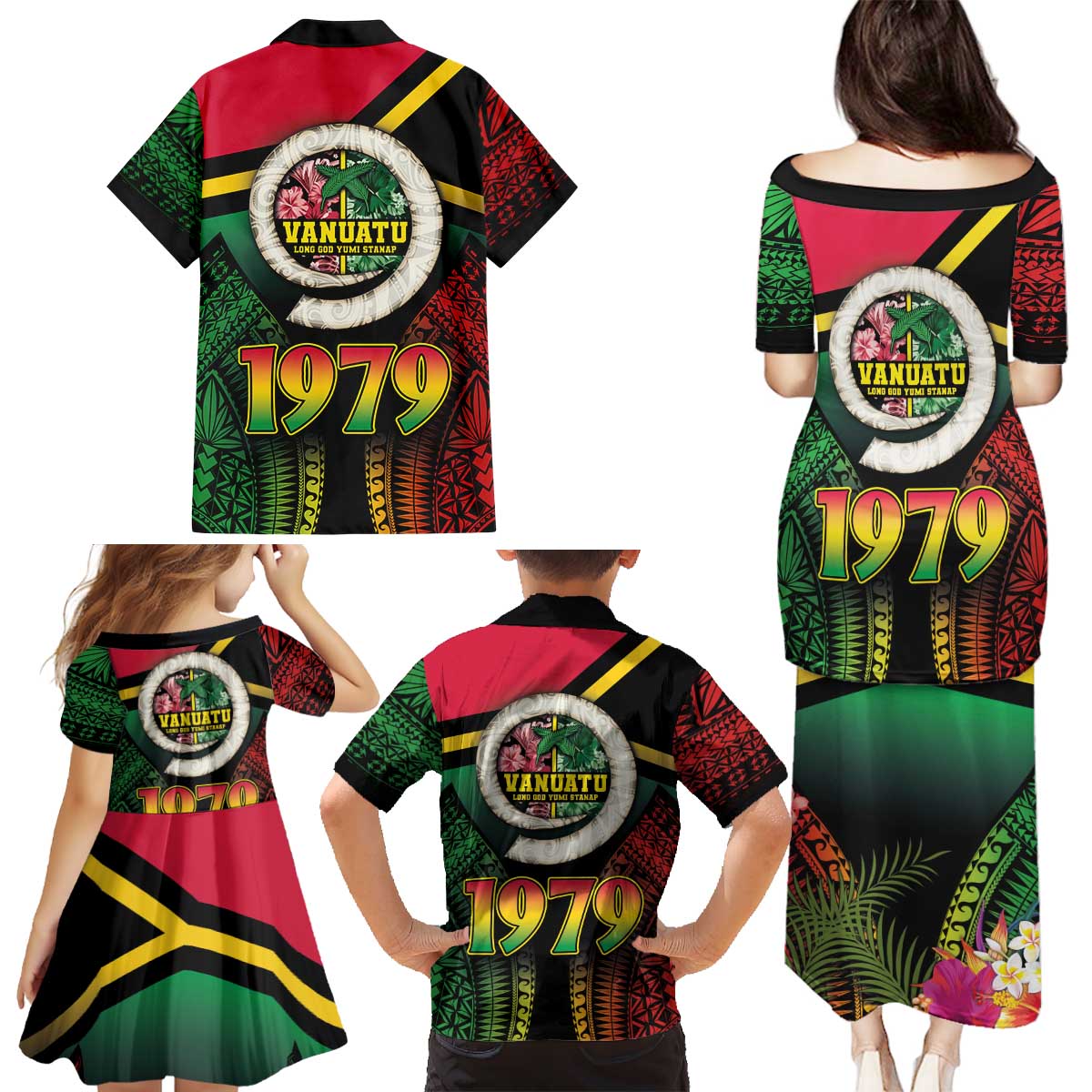 Vanuatu Constitution Day Family Matching Puletasi and Hawaiian Shirt Polynesian Tattoo and Pig Tusk Since 1979 LT03 - Polynesian Pride