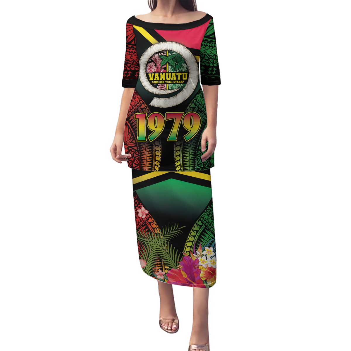 Vanuatu Constitution Day Family Matching Puletasi and Hawaiian Shirt Polynesian Tattoo and Pig Tusk Since 1979 LT03 Mom's Dress Black - Polynesian Pride