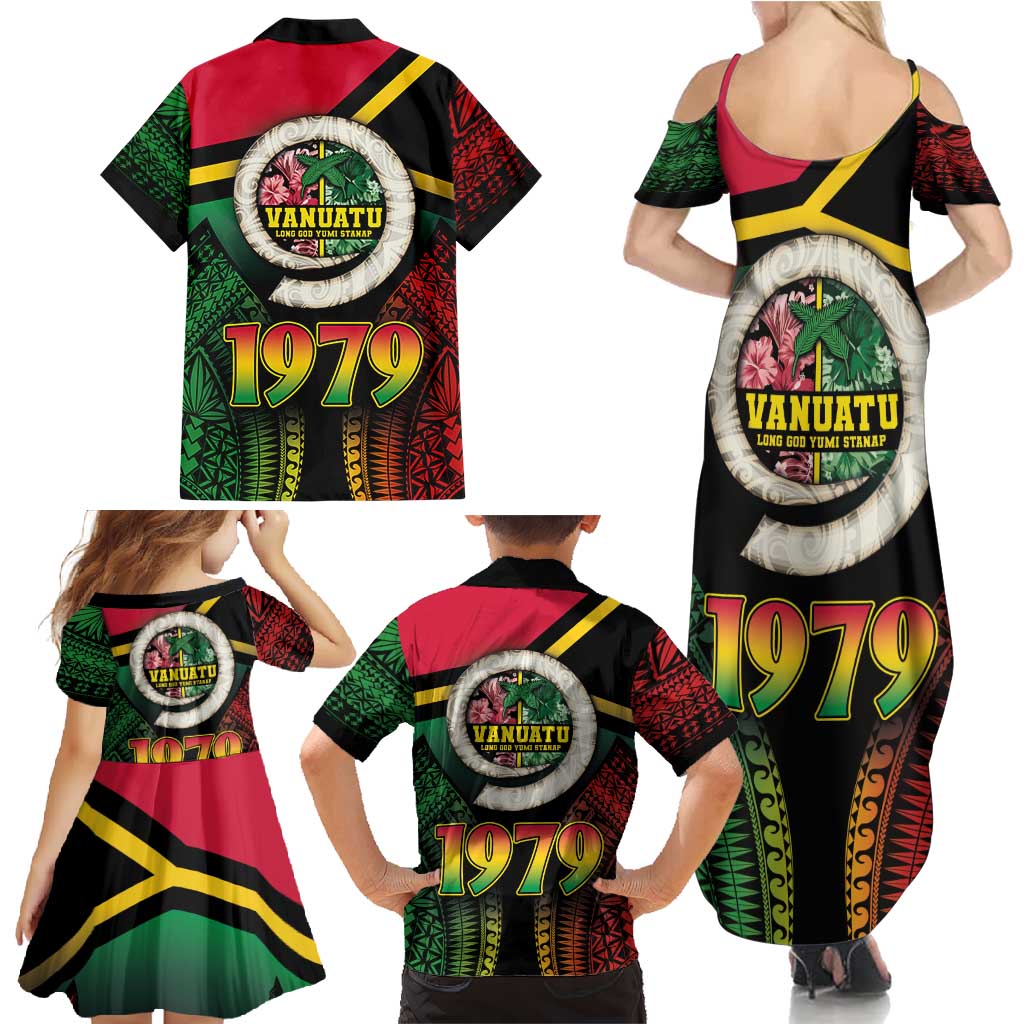 Vanuatu Constitution Day Family Matching Summer Maxi Dress and Hawaiian Shirt Polynesian Tattoo and Pig Tusk Since 1979 LT03 - Polynesian Pride