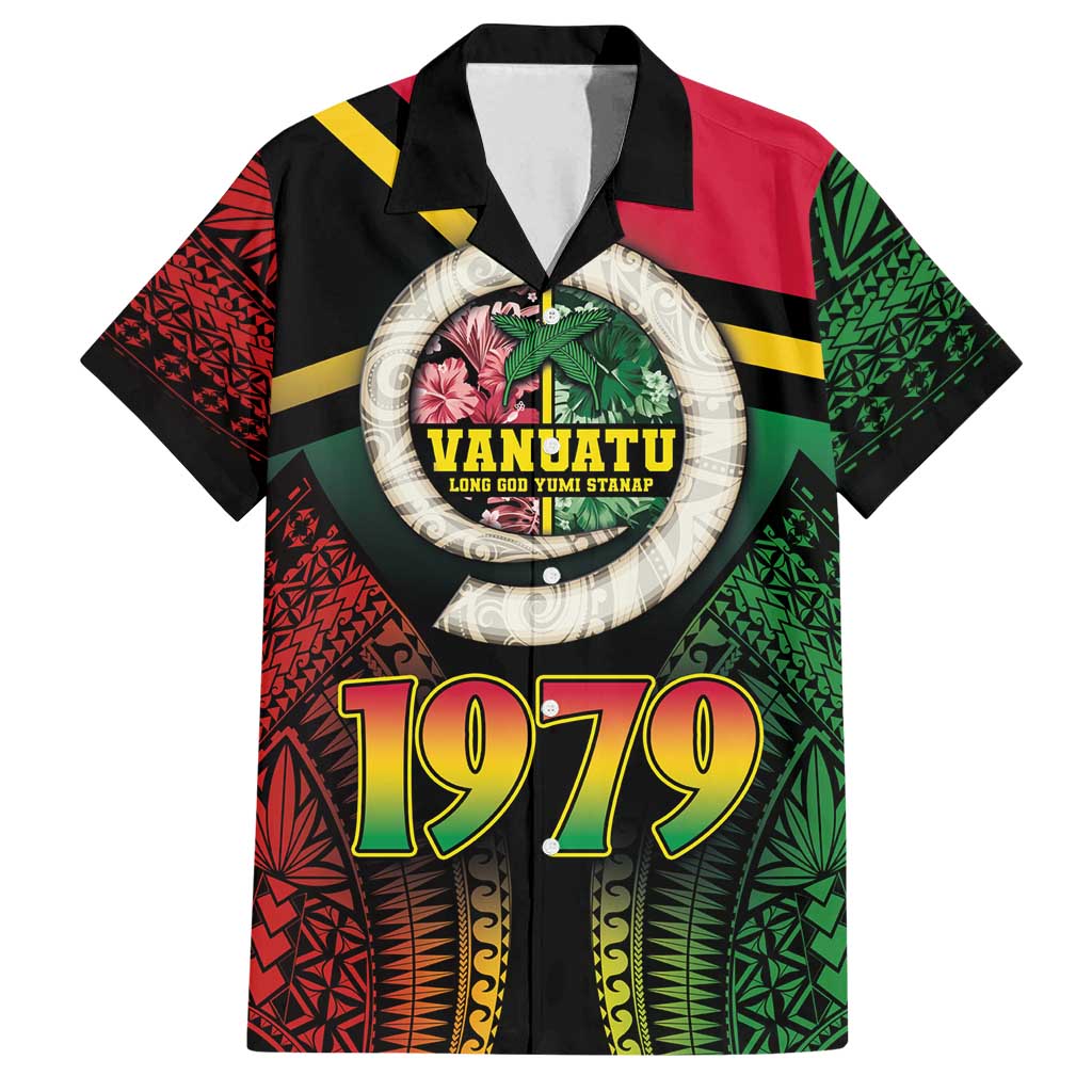 Vanuatu Constitution Day Family Matching Summer Maxi Dress and Hawaiian Shirt Polynesian Tattoo and Pig Tusk Since 1979 LT03 Dad's Shirt - Short Sleeve Black - Polynesian Pride