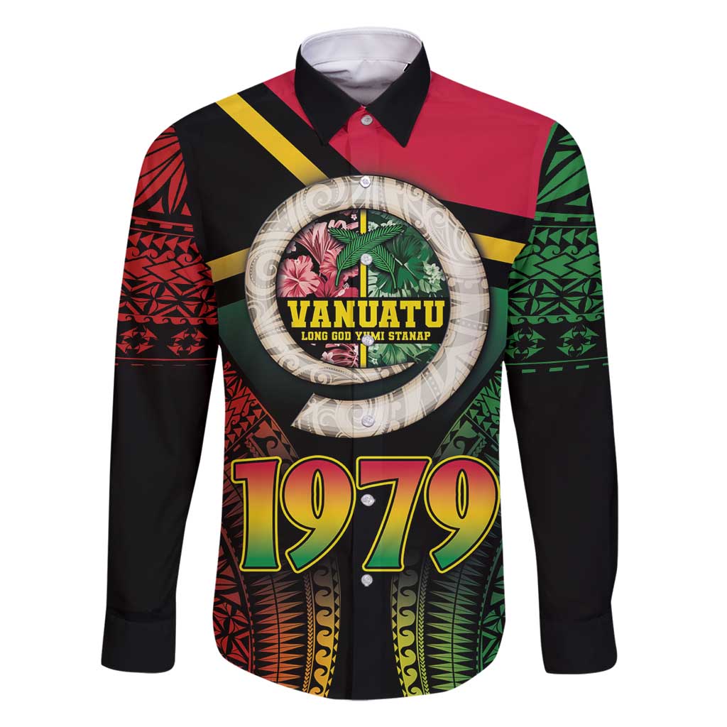 Vanuatu Constitution Day Family Matching Summer Maxi Dress and Hawaiian Shirt Polynesian Tattoo and Pig Tusk Since 1979 LT03 Dad's Shirt - Long Sleeve Black - Polynesian Pride