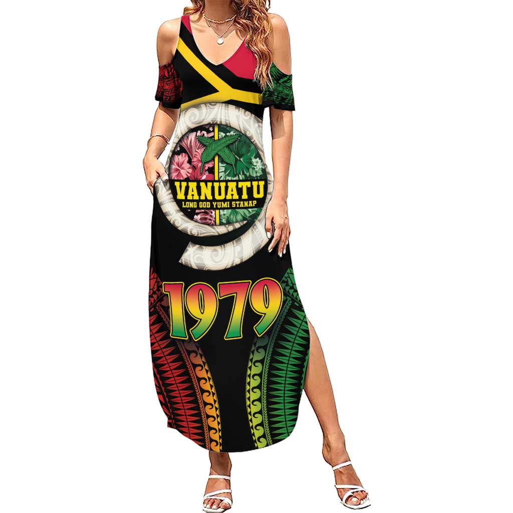 Vanuatu Constitution Day Family Matching Summer Maxi Dress and Hawaiian Shirt Polynesian Tattoo and Pig Tusk Since 1979 LT03 Mom's Dress Black - Polynesian Pride