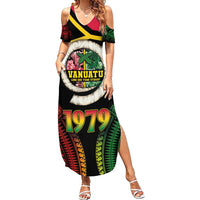 Vanuatu Constitution Day Family Matching Summer Maxi Dress and Hawaiian Shirt Polynesian Tattoo and Pig Tusk Since 1979 LT03 Mom's Dress Black - Polynesian Pride