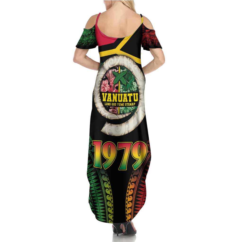 Vanuatu Constitution Day Family Matching Summer Maxi Dress and Hawaiian Shirt Polynesian Tattoo and Pig Tusk Since 1979 LT03 - Polynesian Pride