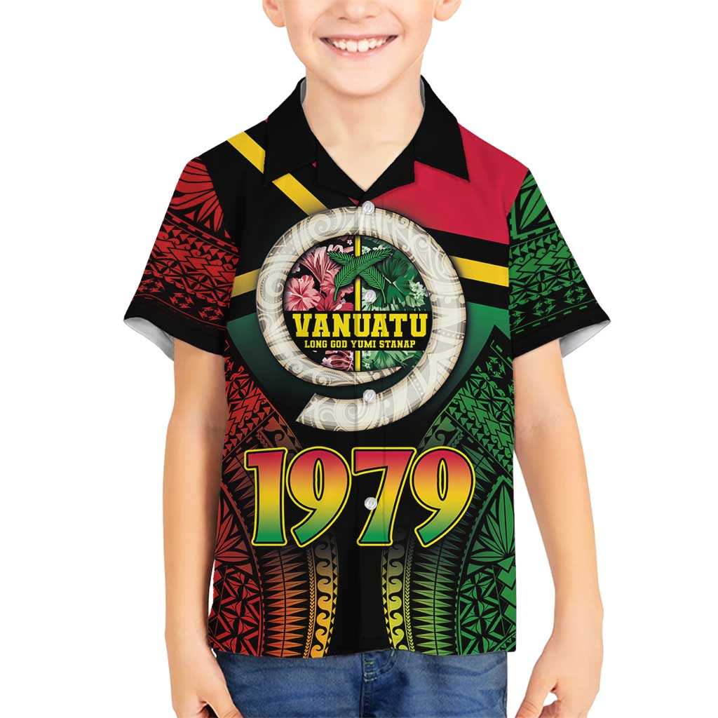 Vanuatu Constitution Day Family Matching Summer Maxi Dress and Hawaiian Shirt Polynesian Tattoo and Pig Tusk Since 1979 LT03 Son's Shirt Black - Polynesian Pride