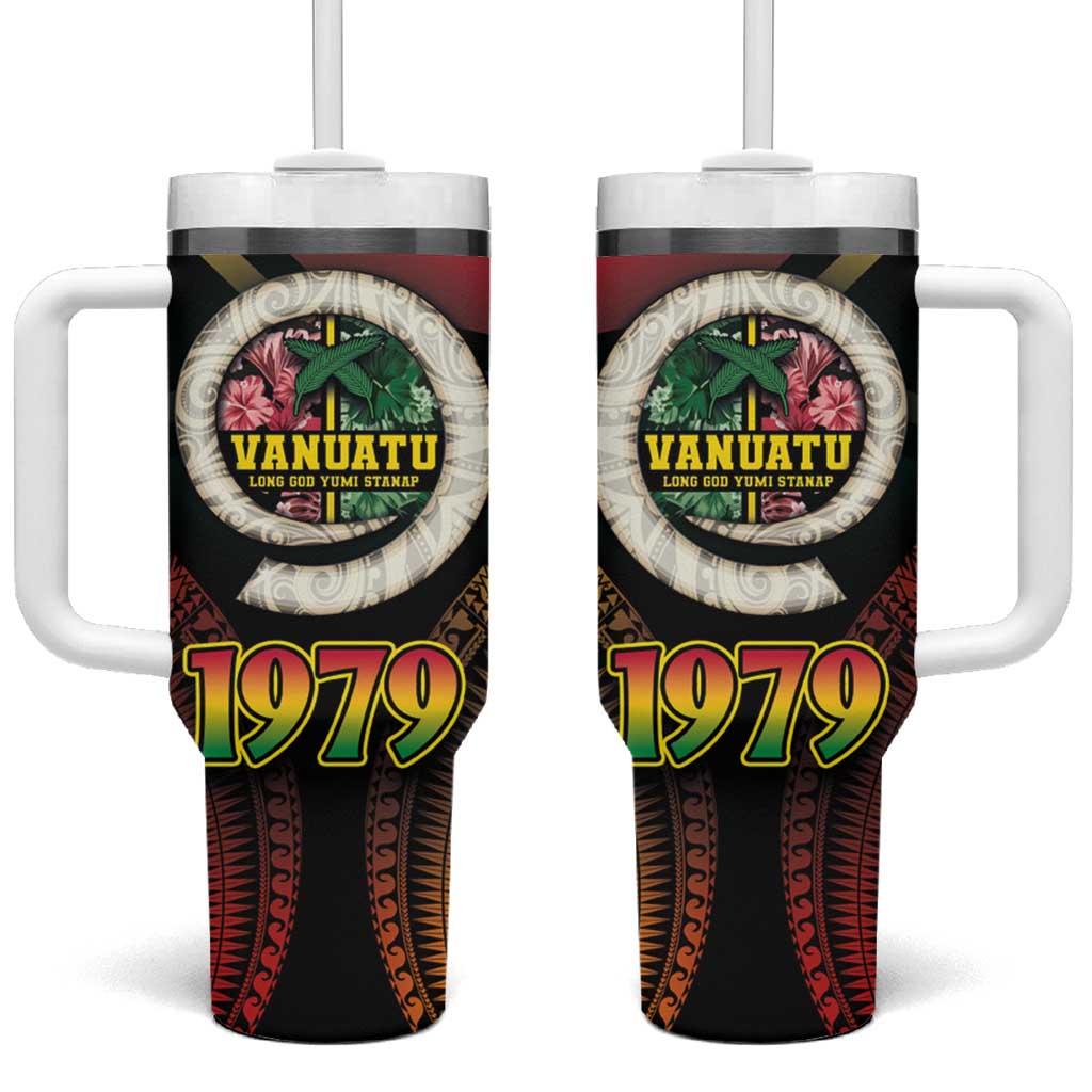 Vanuatu Constitution Day Tumbler With Handle Polynesian Tattoo and Pig Tusk Since 1979