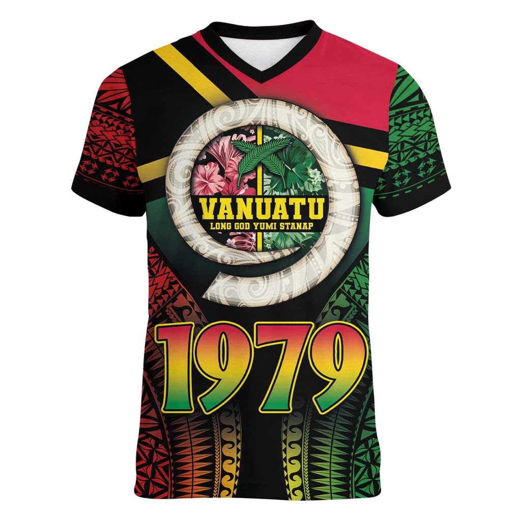 Vanuatu Constitution Day Women V-Neck T-Shirt Polynesian Tattoo and Pig Tusk Since 1979 LT03 Female Black - Polynesian Pride
