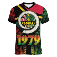 Vanuatu Constitution Day Women V-Neck T-Shirt Polynesian Tattoo and Pig Tusk Since 1979 LT03 Female Black - Polynesian Pride