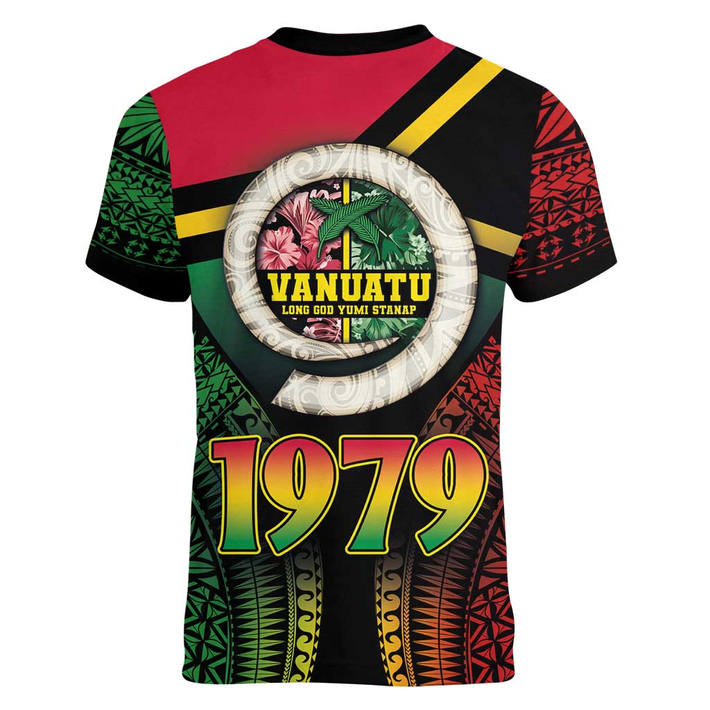 Vanuatu Constitution Day Women V-Neck T-Shirt Polynesian Tattoo and Pig Tusk Since 1979 LT03 - Polynesian Pride