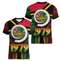 Vanuatu Constitution Day Women V-Neck T-Shirt Polynesian Tattoo and Pig Tusk Since 1979 LT03 - Polynesian Pride