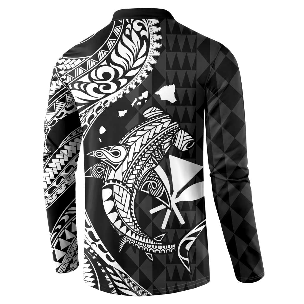 Aloha Hawaii Hammerhead Shark Button Sweatshirt Black Kakau and Polynesian Tattoo LT03