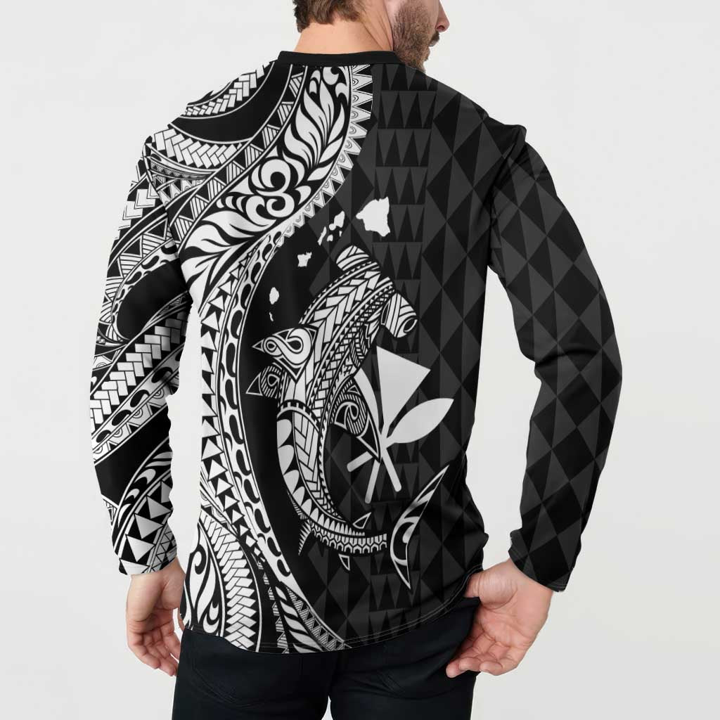 Aloha Hawaii Hammerhead Shark Button Sweatshirt Black Kakau and Polynesian Tattoo LT03